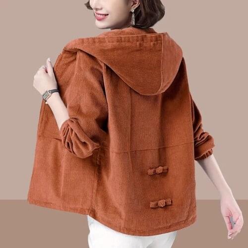 Womens Jacket 2021 New Long Sleeve Windbreaker Famale Hooded Corduroy Jackets Loose Coat Pocket Zipper Outwear Plus Size 4XL