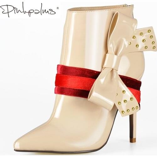 Pink Palms Autumn Winter Shoes Woman Thin High Heels with Bow in Women Ankle Boots Winter Boots with Zipper Rivets Pink Boots