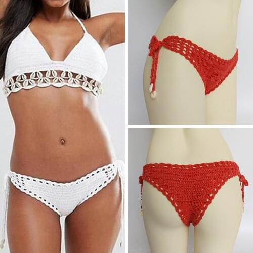 2020 Women Cotton Bikini Bottoms Unique Sexy Crochet Bikini Thong Hollow-out Low Waist Bathing Suit Triangle Briefs Swim Bottoms