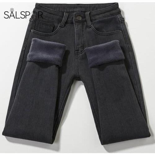 SALSPOR Plus Velvet Jeans Pants Womens Winter Korean of High-Waist Elastic Warmth Thin Tight-Fitting Pencil Long Pants