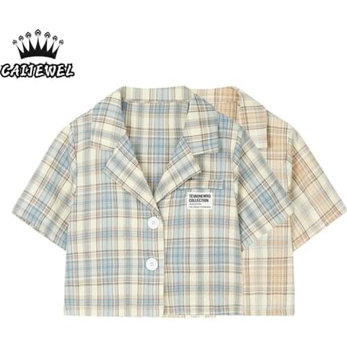 Short Sleeve New 2021 Summer Plaid Shirt Blazer Korean Fashion Sense of Design Baggy Short TOP Casual Double Button Blouse Coat