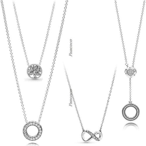925 Sterling Silver Sparkling Infinity Collier With Crystal Necklace For Women Wedding Party Pandora Jewelry