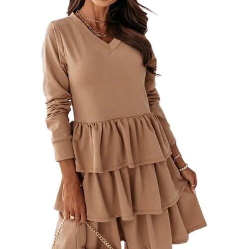 Beautiful V Neck Solid Color Mini Dress Solid Color Simple Women Long Sleeve Ruffle Hem Tunic Cake Dress Streetwear for Vacation