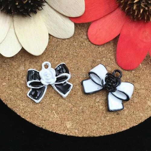 21*17MM 6PCs Rose Flower Decorated Enamel Alloy Ribbo Knot Bow Charm Pendant Fit Girls Bracelet Necklace DIY