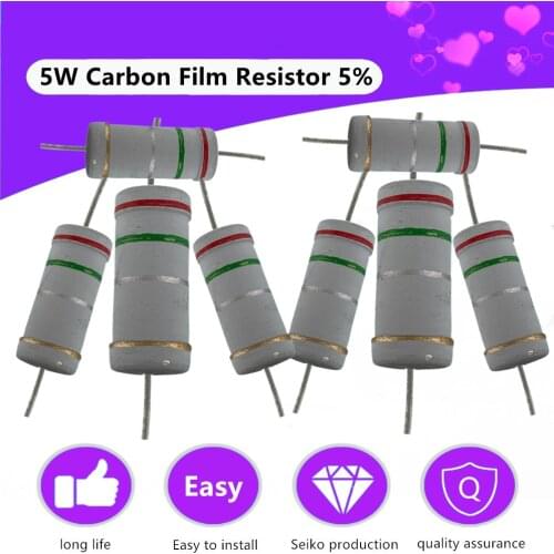 20Pcs/lots 1K 4.7K 10K 100K 220R Full Value Ohm Resistance 1R~1M 5% Carbon Film Resistors Four-Color Ring 5W High-Power Resistor