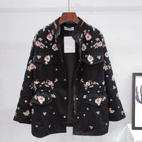 2021 Autumn Streetwear Fashion Embroidery Flowers Beading Trench Coat Women Mid Long Tooling Drawstring Windbreaker Female