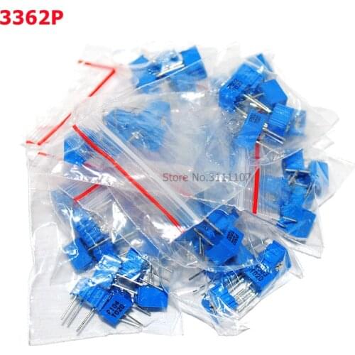 50PCS/LOT 10values*5PCS 3362P Multiturn trimming potentiometers kit 500R-1M 3362 Potentiometer 500 ohm-1M ohm