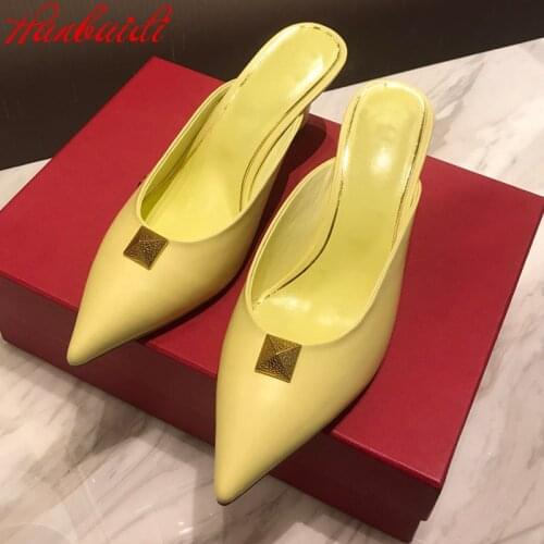 Brand Women Sandals 2021 Designer Luxury 6.5cm High Heel Pointed Shoes With Rivets Genuine Leather Party Gladiator Sandals Women