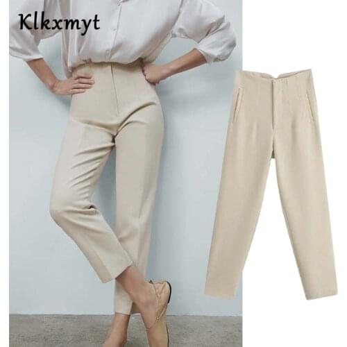 Klkxmyt Za Pant Women 2021 Fashion Side Pockets Straight Pants Office Wear Vintage High Waist Zipper Fly Female Trousers Mujer