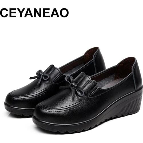 CEYANEAO autumn new fashion lace-up women high heels shoes woman wedge leather single casual shoes comfortable women pumps 35-41
