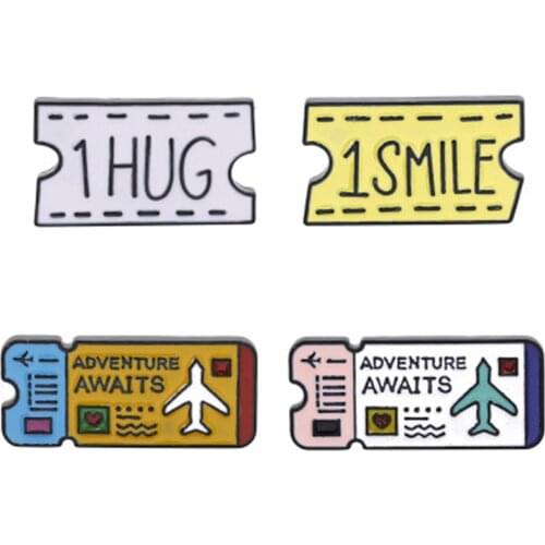 Tickets Enamel Pin HUG SMILE Adventure Awaits Badge Brooches Lapel Pins Denim Shirt Collar Romantic Love Jewelry Gift for Lover