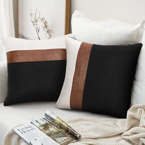 Faux Leather And Linen Throw Pillow Cover 45x45cm Black And White Home Modern Decorative Home Decor Living Room Cushion Cover