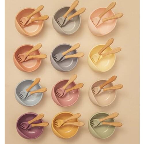 Baby Feeding Set Edible Silicone Multicolor Bowl Spoon Fork Non-slip Safe Kitchen Utensils For Kids Waterproof Easy To Carry