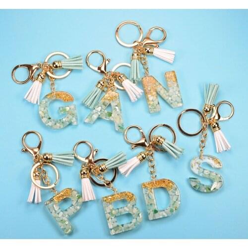 Creative Fashion 26 Letters Resin Keychains for Women Gold Foil Bag Decor Pendant Charms Handbag Accessories Tassel Key Rings
