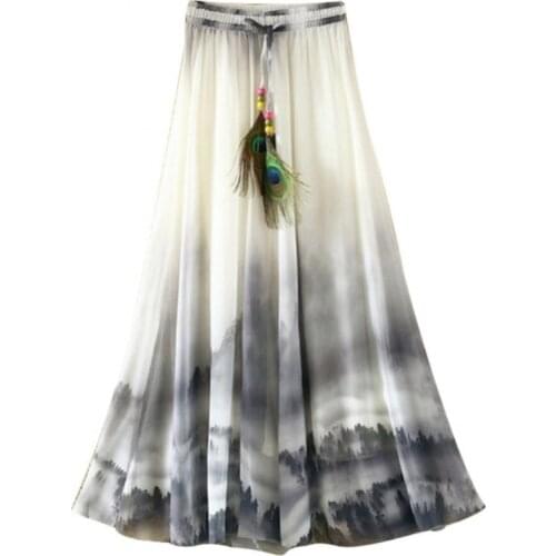 Summer Boho Long Skirts Beach Bohemian Elegant Women Chiffon Flower Print Drawstring Maxi Long Skirt Summer Casual Lady Vestidos