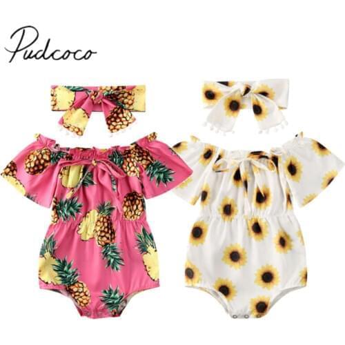 2020 Baby Summer Clothing Newborn Baby Girl Flower Clothes Off Shoulder Bodysuit Headband Pineapple Sunflower Outfits Set
