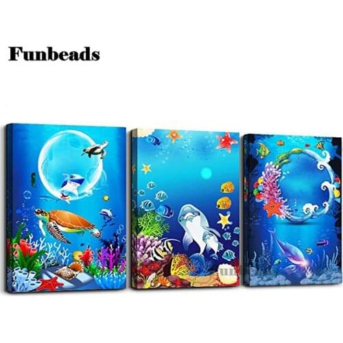 Blue sea animals 5D DIY Diamond Painting cartoon landscape Cross Stitch Kits Full Drill Embroidery Mosaic 3 pcs set Decor FF5583