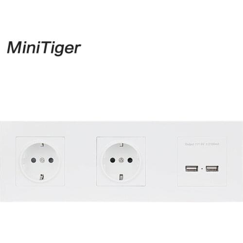 Minitiger Wall PC Panel Double Socket 16A EU Electrical Outlet Dual USB Smart Charging Port 5V 2A Output