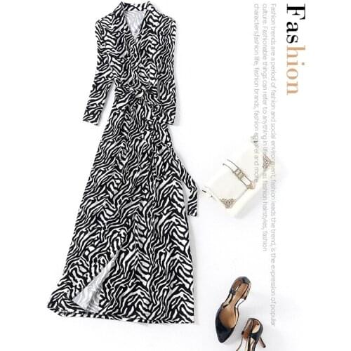 Neck New Zebra V Print 9 point sleeve belt waistband slim elastic long dress