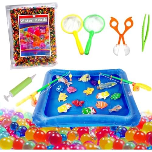 1 set Kids Water Beads Toy Portable Inflatable Pool With Fishing Set Non-Toxic Kids Shower Toys Floating Fish&Water Beads Games