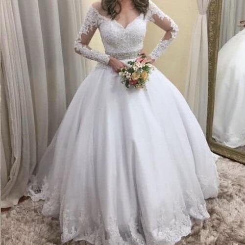 E JUE SHUNG luxury Wedding Dresses Off Shoulder Illusion Full Sleeves Lace Appliques Floor Length Plus Size Ball Bridal Gowns