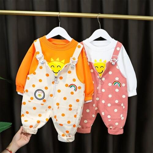 Baby Girl Boy Cute Outfit Clothing Suit Cute Sun Print Long Sleeve Shirt + Dot Bib Pants Kid Costume 1 2 3 4 Years