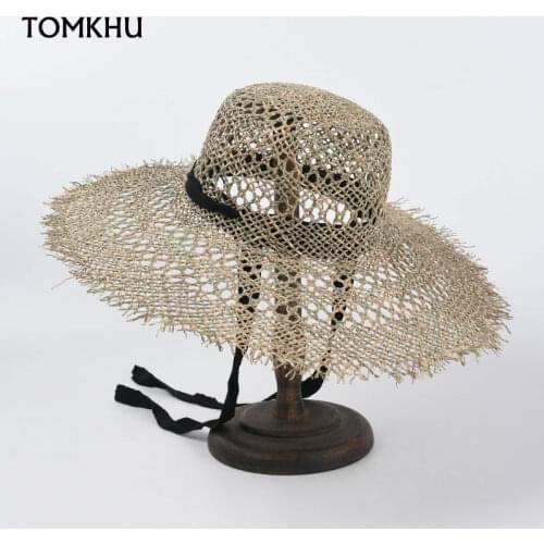 2021 New Summer Women Wide Brim Seagrass Straw Hat With Ribbon Fashion Lady Derby Sun Hats Boater Panama Beach Cap Bonnet Enfant