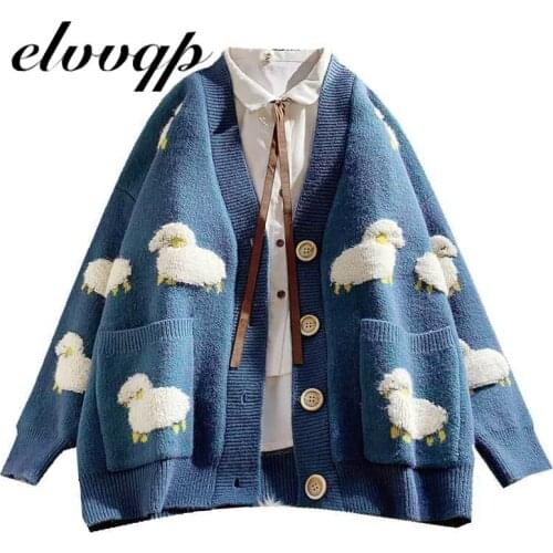 Spring Autumn Knitted Sweater New Female Cardigan Loose Knit Coat Fashion Cute Cartoon Print V Neck Single-breasted Cardigan