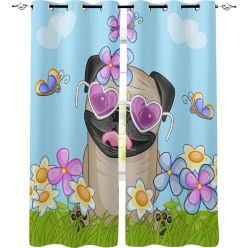 Pug Dog Flower Funny Cartoon Living Room Curtains Bathroom Kids Room Fabric Indoor Drapes Window Treatment Bedroom Curtain