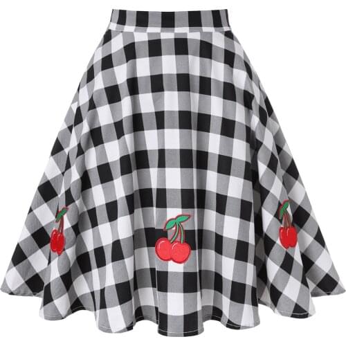 2021 Checkered Plaid Skirt Women Black and White High Waist Cherry Appliques Cotton Summer Vintage Swing Women Skirt