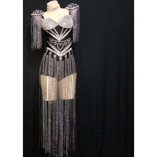 Bright Silver Fringes Rhinestones Bodysuit Sexy Luxury Leotard Outfits Women Birthday Party Jumpsuit Singer Dance Stage Costumes