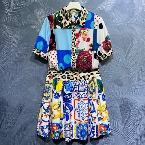 Summer 2021 Runways floral print Womens skirt suit High quality Short sleeves Shirts+retro print pleated skirts 2piece set C074