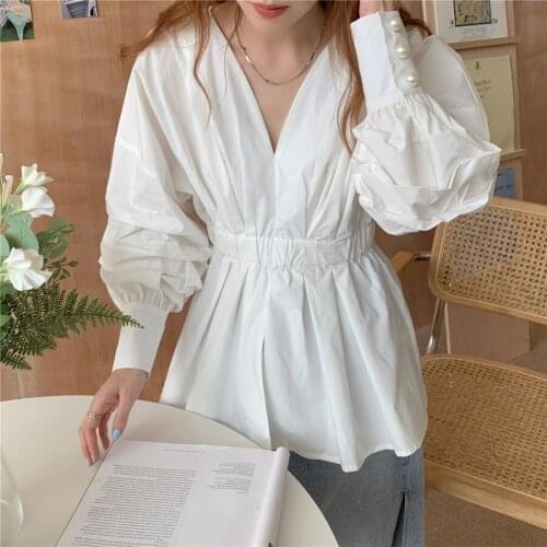 2021 New Women Summer Elastic High Waist A-line Blouse V Neck Puff Sleeve Shirt Casual Pullover Slim Tops