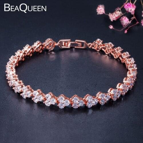 BeaQueen Brilliant Cubic Zirconia Round Stone Setting Rose Gold Color Tennis Bracelets Famous Brand Jewelry for Women B090