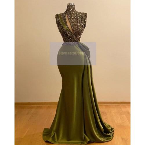 Brilliant Green High Neck Mermaid Evening Dress Floor-Length Sparkly Beaded Sequins Robe De Soiree Aibye Saudi Arabia 2020 Dubai