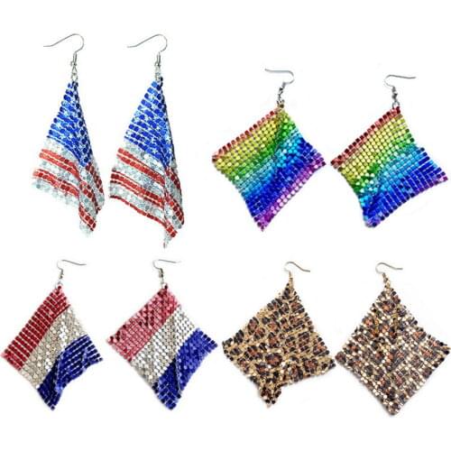 Shine Rainbow Metal Sequins Earrings 2021 New Foldable France UK USA Flag Print Square Mesh Dangle Earrings Jewelry Wholesale