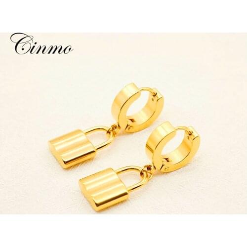 Cinmo Stainless Steel Piercing Drop Earrings Punk Hip Hop Lovers Lock Dangle Earrings For Men Women Wholesale Ear Jewelry Gift