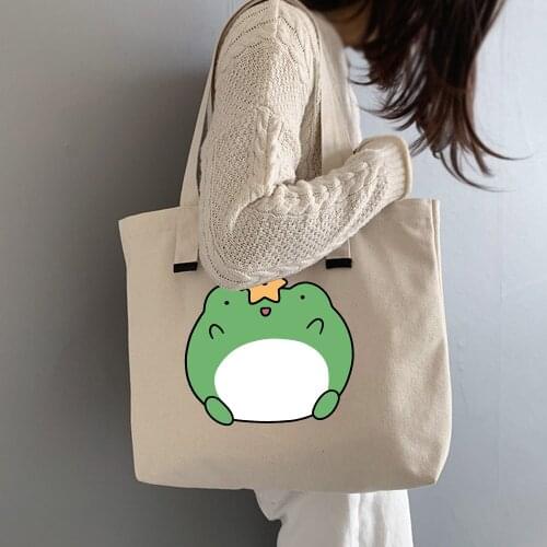 Harajuku Kawaii Frog Tote Bag Women Aesthetic Eco Foldable Original Package Travel Shopper Beige and Black Shopping Canva Bags