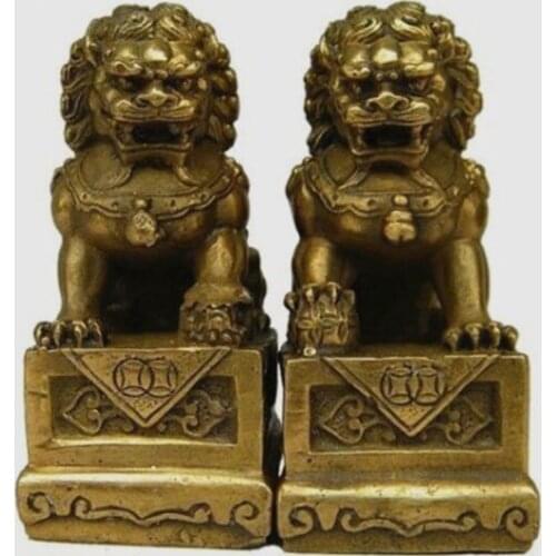 Chinese Old China Chinese Brass Folk Fengshui Foo Fu Dog Guardion Door Lion Statue Pair Figure decoration brass factory outlets