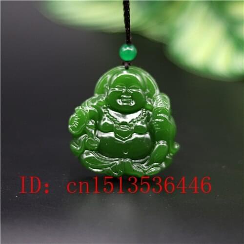 Chinese Green Jade Maitreya Buddha Pendant Necklace Charm Jadeite Jewelry Carved Amulet Fashion Accessories Gifts for Women Men
