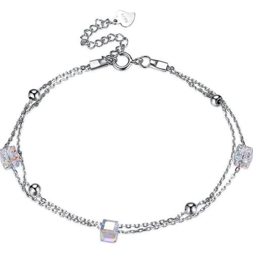 Crystals Cube Beads Square Strand Charm Bracelets Bangles For Women Wedding Party Gift Accessories 925 Silver Fine Jewelry