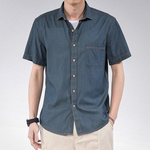 Mens 2020 summer new short sleeve shirt mens cotton day denim casual comfortable shirt large solid color all-around clothes