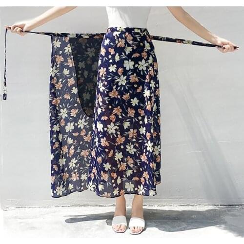 2021 Summer New One-piece Printed Beach Skirt Chiffon Lace-up Skirt Holiday Style Long Skirt Wrap Skirt with Lining