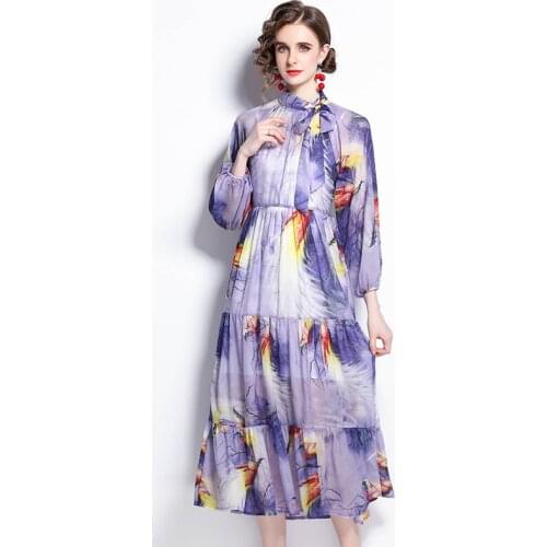 WTIANYUW Vintage Print Dress For Women Stand Collar Lantern Long Sleeve High Waist Elegant Dresses Female Fashion New 2021