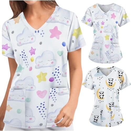 Working Nurse Uniform Tops V Neck Cartoon Animal Print T-shirts Short Sleeve Nuring Tops for Women Mukoti Yunifomu Drop Shipping