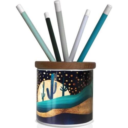 Custog Pen/Pencil Holder For Desk Organizer With Wooden Cover Office Desk Accessories Moon And Stars