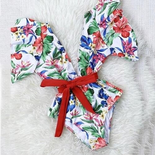 Sexy Women Monokini Ruffle Sleeve Floral Print Deep V Neck Backless One Piece Swimwear Swimsuit Summer Plus Size Bathing Suits