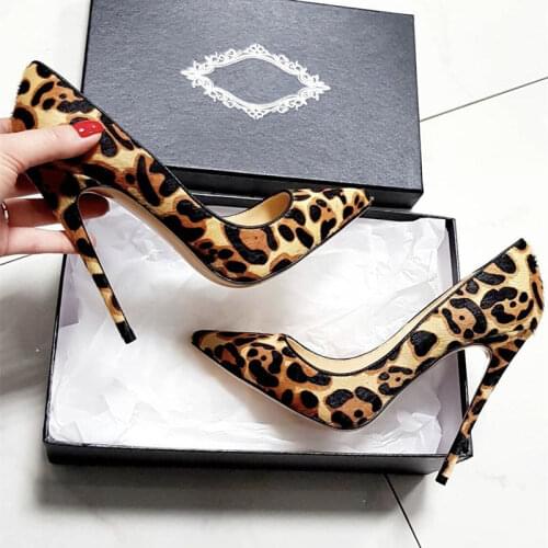 Sexy lady fashion Casual Designer womens shoes leopard horse hair pointy toe stiletto stripper High heels party pumps 12cm