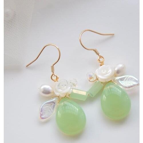 Sterling silver allergy free Korean fashion temperament shells freshwater pearl crystal flower leaf earrings earrings