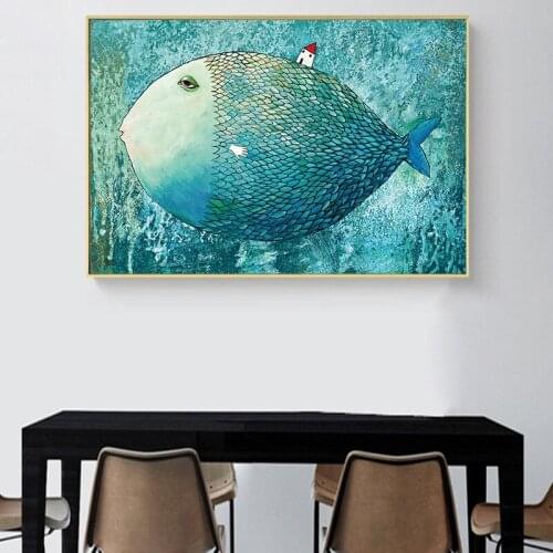 Modern Printed Canvas Painting Nordic Cartoon Fish Small House Painting Art Poster Picture Family Decoration Children Room Mural